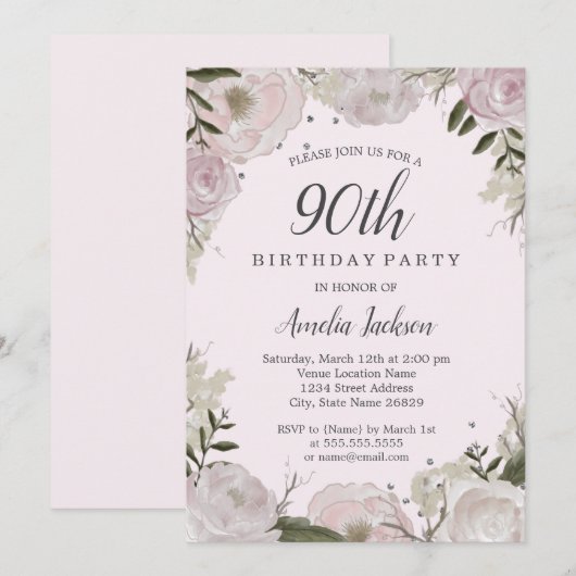 Sparkle Roze Bloemen 90ste Verjaardagsfeest Kaart (Voorkant / Achterkant)