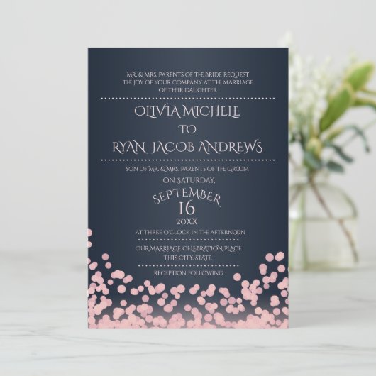 Sparkle Roze en Navy Confetti Gala Bruiloft Kaart (Staand voorkant)