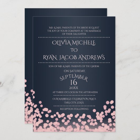 Sparkle Roze en Navy Confetti Gala Bruiloft Kaart (Voorkant / Achterkant)