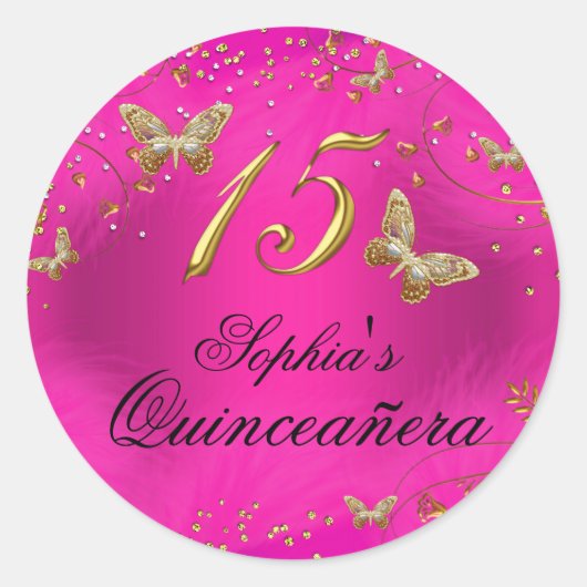 Sparkle Roze & Gouden Vlinder Quinceanera Sticker (Voorkant)