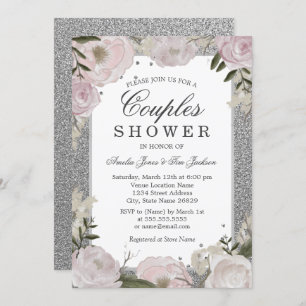 Sparkle Roze Silver Floral Couple Shower Kaart