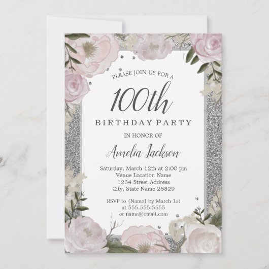 Sparkle Roze Zilveren Bloemen 100ste Verjaardagsfe Kaart (Voorkant)
