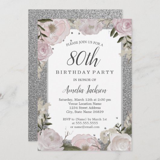 Sparkle Roze Zilveren Bloemen 80ste Verjaardagsfee Kaart (Voorkant / Achterkant)