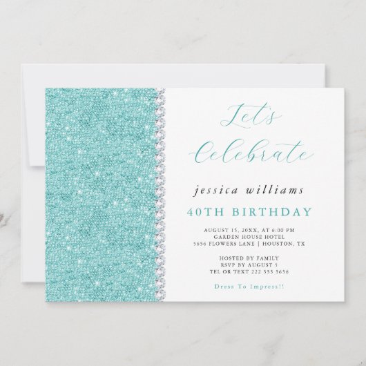 Sparkle Sequins & Diamonds Blauwgroen Verjaardag Kaart (Voorkant)