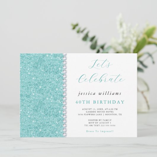 Sparkle Sequins & Diamonds Blauwgroen Verjaardag Kaart (Staand voorkant)