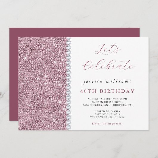 Sparkle Sequins & Diamonds Mauve Verjaardag Kaart (Voorkant / Achterkant)