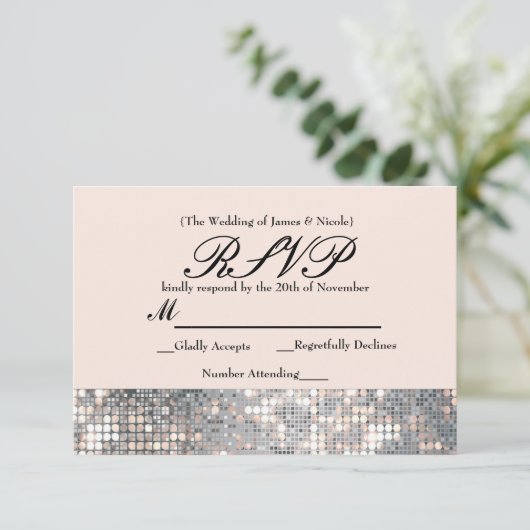Sparkle Sequins Glamour Wedding RSVP Kaart (Staand voorkant)