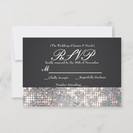 Sparkle Sequins Glamour Zwart Bruiloft RSVP Kaart (Voorkant)