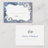Sparkle Silver Blue Glitter en Bloemen Huwelijk Plaatskaartje (Voorkant / Achterkant)