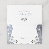 Sparkle Silver Blue Glitter en Bloemen Huwelijk Plaatskaartje (Buitenkant ongevouwen)