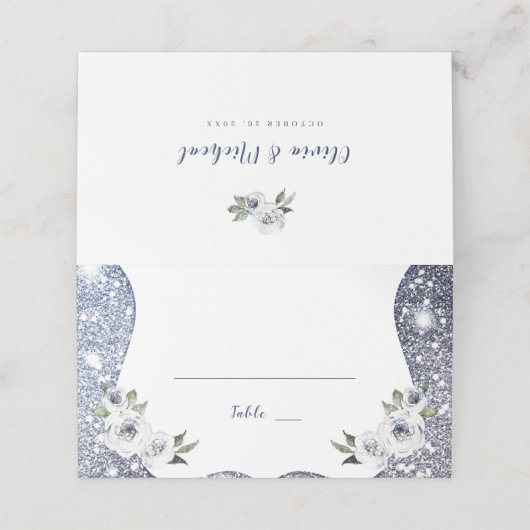 Sparkle Silver Blue Glitter en Bloemen Huwelijk Plaatskaartje (Buitenkant ongevouwen)