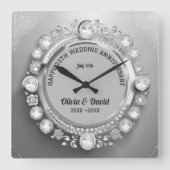 Sparkle Silver Diamonds Bruiloft Jubileum Vierkante Klok (Voorkant)