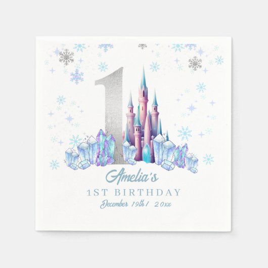Sparkle Silver Frozen Kingdom Castle 1e verjaardag Servet (Voorkant)