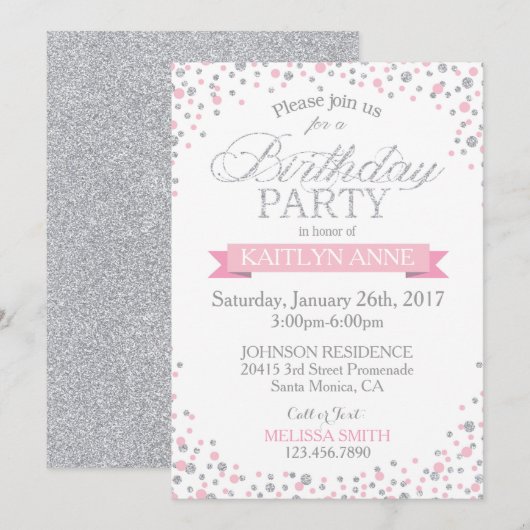 Sparkle Silver Glitter en Pink Sprinkles Birthday Kaart (Voorkant / Achterkant)