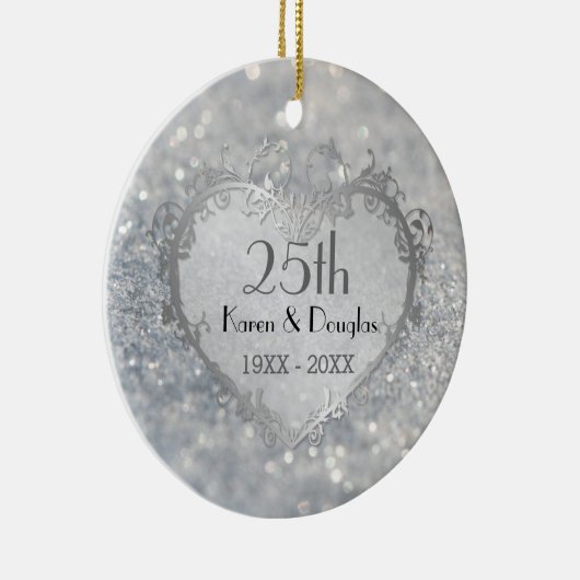 Sparkle Silver Heart 25th Wedding Jubileum Keramisch Ornament (Rechts)