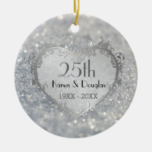 Sparkle Silver Heart 25th Wedding Jubileum Keramisch Ornament