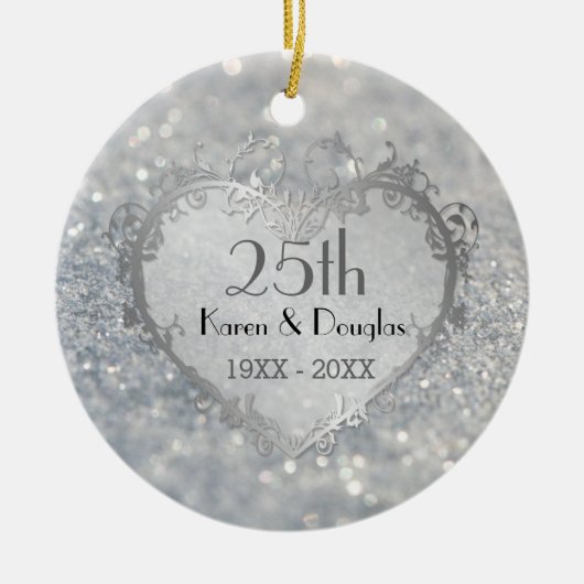 Sparkle Silver Heart 25th Wedding Jubileum Keramisch Ornament (Voorkant)