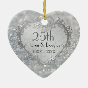 Sparkle Silver Heart 25th Wedding Jubileum Keramisch Ornament