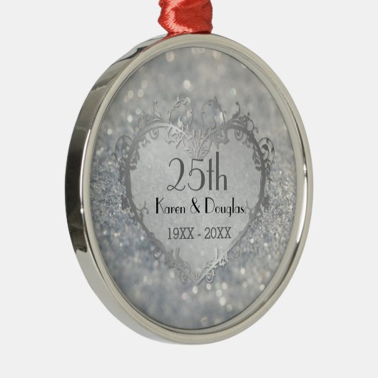 Sparkle Silver Heart 25th Wedding Jubileum Metalen Ornament (Rechts)