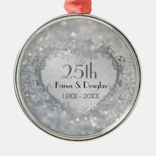 Sparkle Silver Heart 25th Wedding Jubileum Metalen Ornament