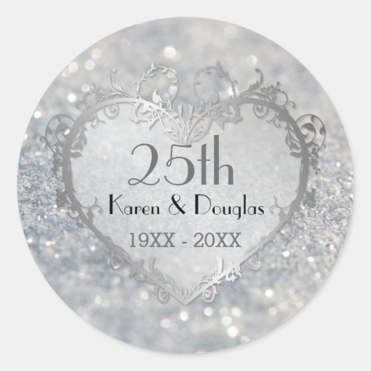 Sparkle Silver Heart 25th Wedding Jubileum Ronde Sticker (Voorkant)