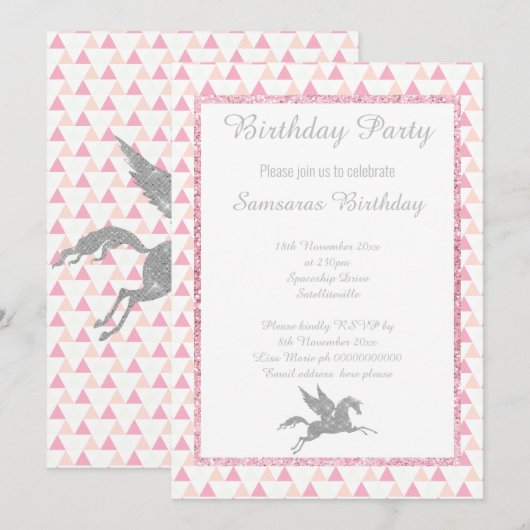 Sparkle SILVER Unicorn WHITE PINK PATTERN BIRTHDAY Kaart (Voorkant / Achterkant)