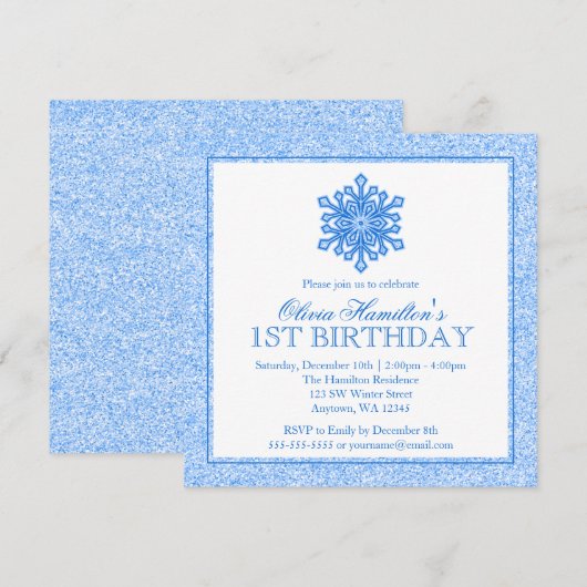 Sparkle Snowflake Blue 1st Birthday Kaart (Voorkant / Achterkant)
