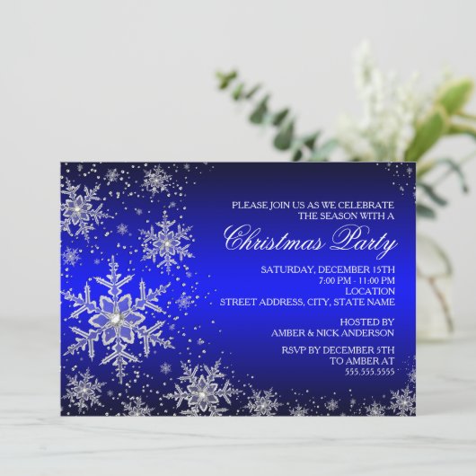 Sparkle Snowflake Blue Kerstparty nodigt uit Kaart (Staand voorkant)