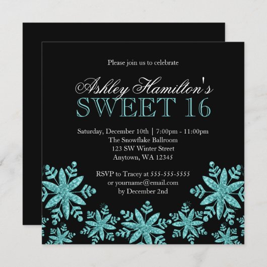 Sparkle Snowflakes Blauwgroen Sweet 16 Winter Wond Kaart (Voorkant / Achterkant)