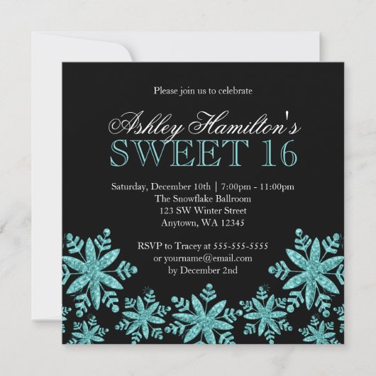 Sparkle Snowflakes Blauwgroen Sweet 16 Winter Wond Kaart (Voorkant)