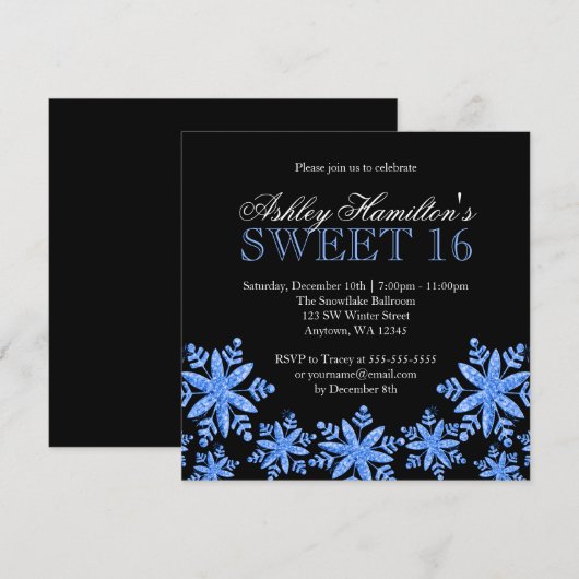 Sparkle Snowflakes Blue Sweet 16 Winter Wonderland Kaart (Voorkant / Achterkant)