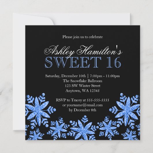 Sparkle Snowflakes Blue Sweet 16 Winter Wonderland Kaart (Voorkant)