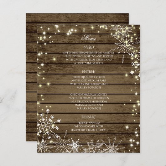 Sparkle Snowflakes en Barn Wood Wedding Menu (Voorkant / Achterkant)