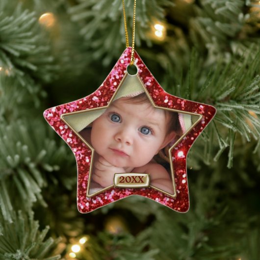 Sparkle Star Red/Gold-foto Keramisch Ornament (Boom)