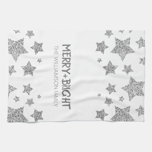 Sparkle Star Vrolijk helder Kerstmis zilver wit Theedoek (Horizontaal)