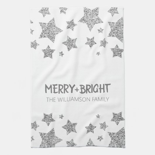 Sparkle Star Vrolijk helder Kerstmis zilver wit Theedoek (Verticaal)