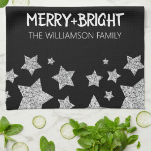 Sparkle Star Vrolijk helder Kerstmis zilver zwart Theedoek