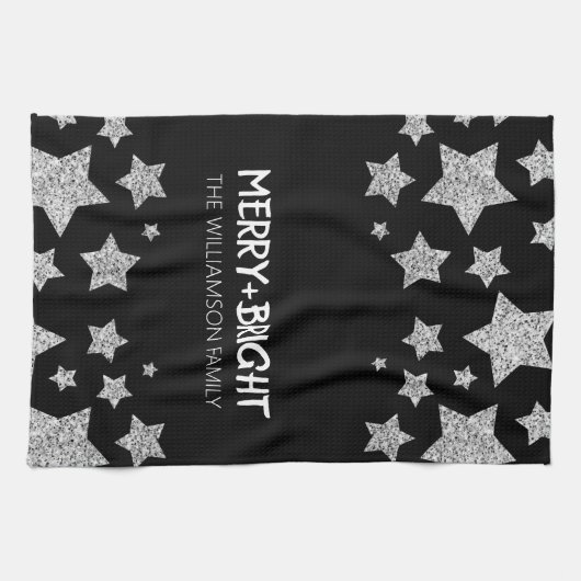 Sparkle Star Vrolijk helder Kerstmis zilver zwart Theedoek (Horizontaal)