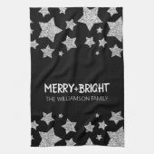 Sparkle Star Vrolijk helder Kerstmis zilver zwart Theedoek (Verticaal)
