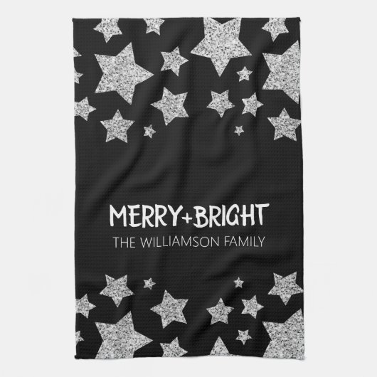 Sparkle Star Vrolijk helder Kerstmis zilver zwart Theedoek (Verticaal)