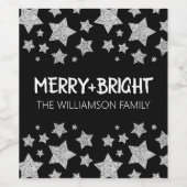 Sparkle Star Vrolijk helder Kerstmis zilver zwart Wijn Etiket (Enkel label)