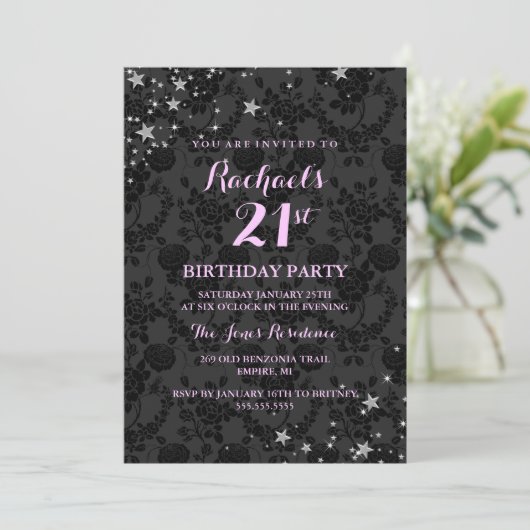 Sparkle Stars 21st Birthday Invitation Kaart (Staand voorkant)