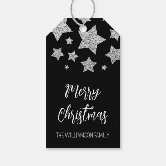 Sparkle Stars Merry Christmas Holiday zilver zwart Cadeaulabel (Voorkant)