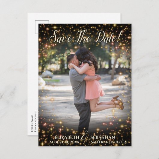 Sparkle Stars Photo Overlay Wedding Save the Date Aankondigingskaart (Voorkant / Achterkant)