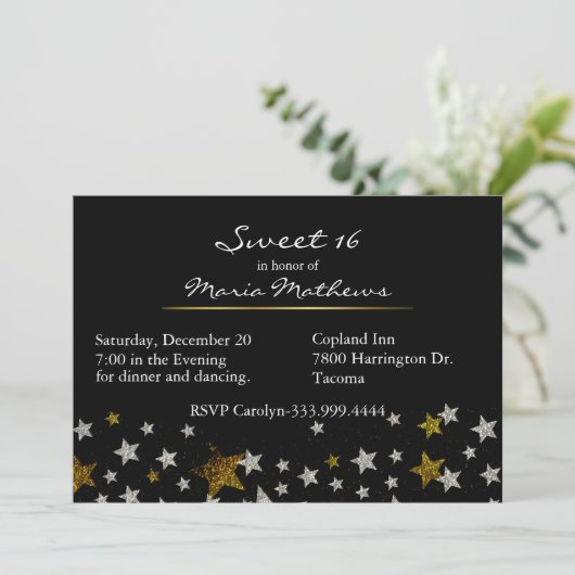 Sparkle Stars Sweet 16 Birthday Invitation Kaart (Staand voorkant)