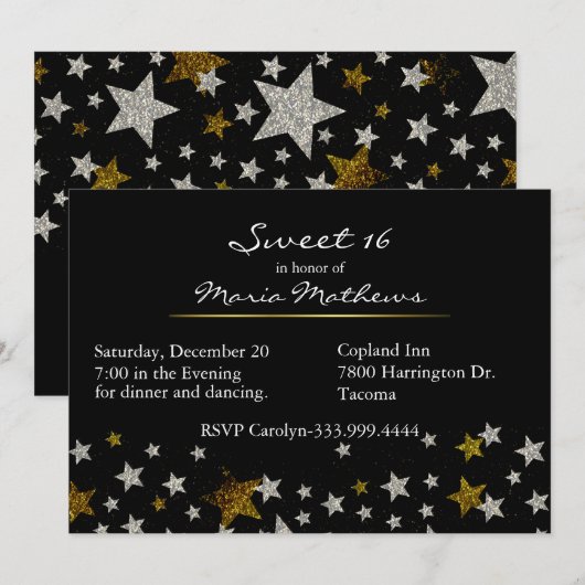 Sparkle Stars Sweet 16 Birthday Invitation Kaart (Voorkant / Achterkant)