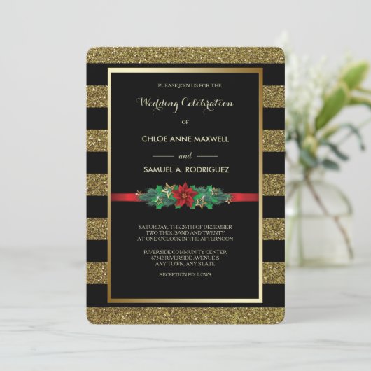 Sparkle Stripe Christmas Poinsettia Huwelijksuitno Kaart (Staand voorkant)