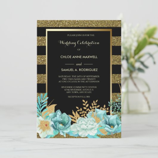 Sparkle Stripe Gold Mint Floral Wedding Invitation Kaart (Staand voorkant)