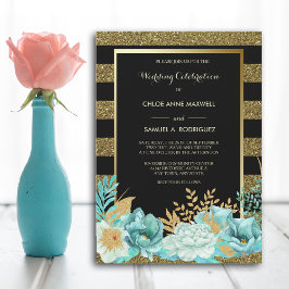 Sparkle Stripe Gold Mint Floral Wedding Invitation Kaart