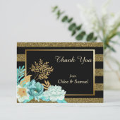 Sparkle Stripe Gouden Mint Bloemen Bruiloft Bedankkaart (Staand voorkant)